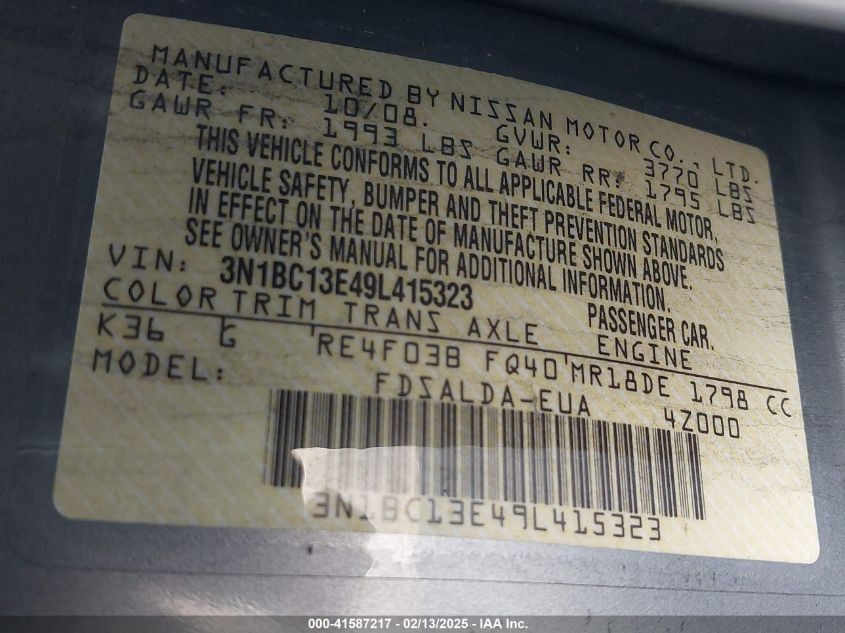 2009 Nissan Versa 1.8S VIN: 3N1BC13E49L415323 Lot: 41587217