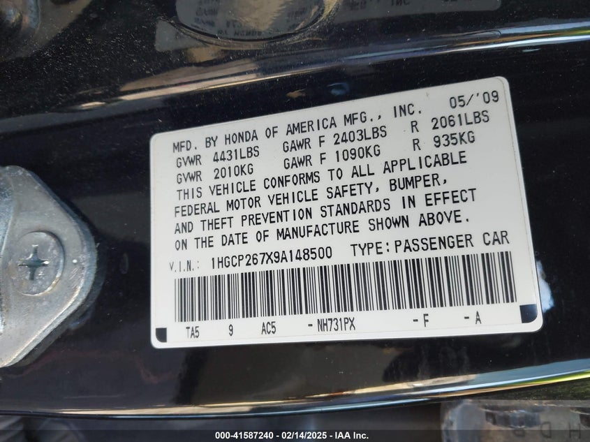 2009 HONDA ACCORD VIN: 1HGCP267X9A148500
