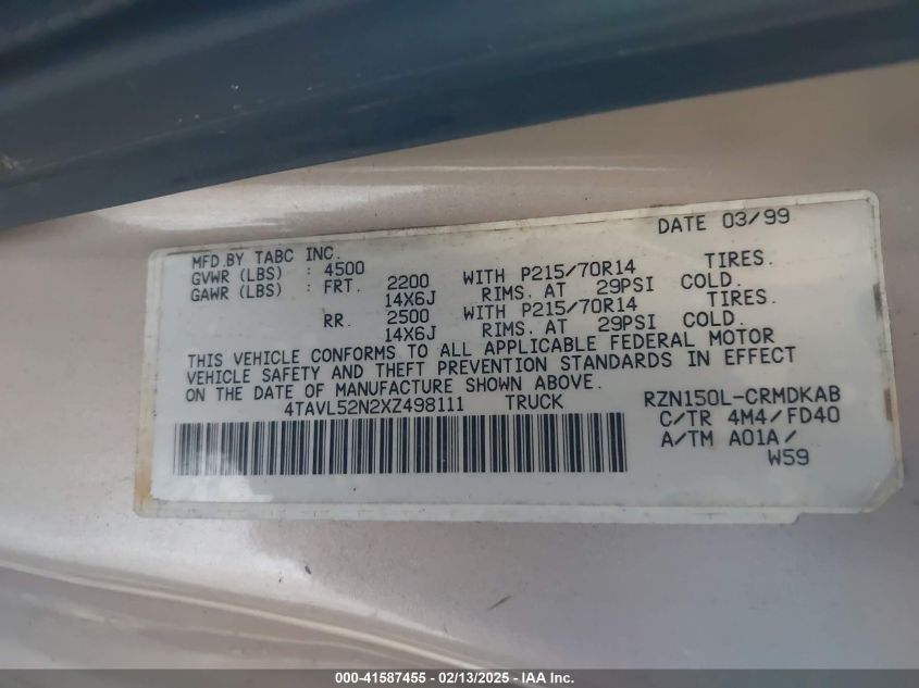 1999 Toyota Tacoma VIN: 4TAVL52N2XZ498111 Lot: 41587455