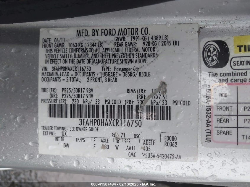 2012 FORD FUSION VIN: 3FAHP0HAXCR116750