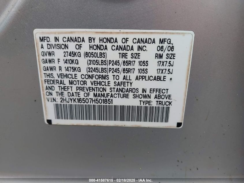 2007 Honda Ridgeline Rtl VIN: 2HJYK16507H501851 Lot: 41587615