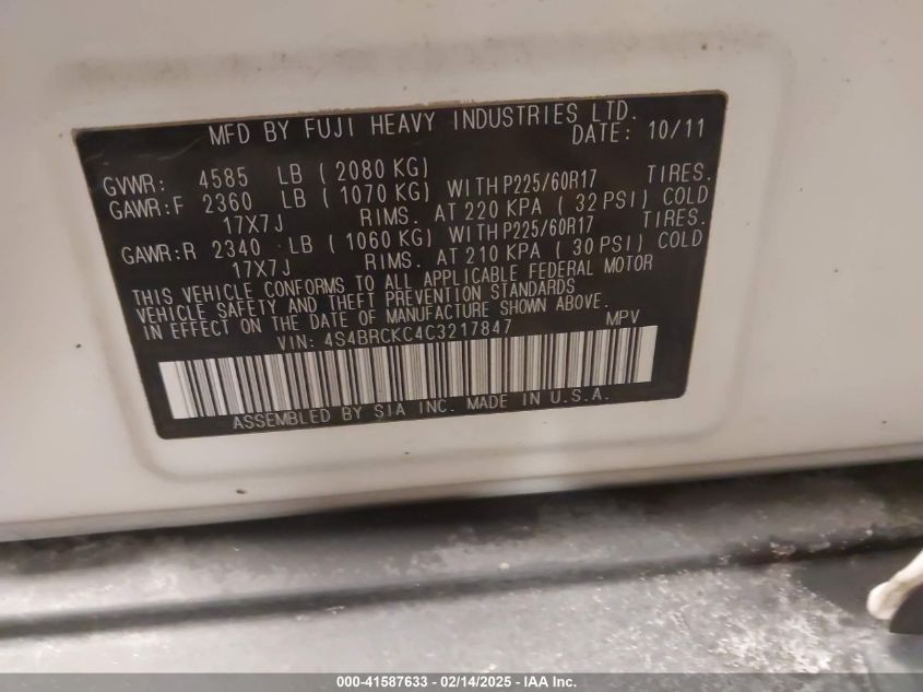 2012 Subaru Outback 2.5I Limited VIN: 4S4BRCKC4C3217847 Lot: 41587633