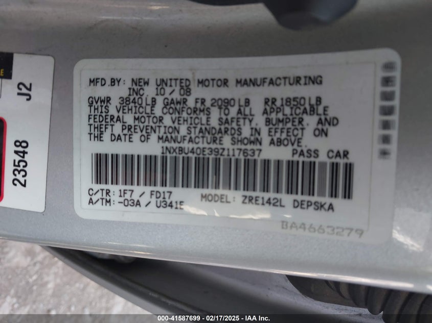 2009 TOYOTA COROLLA VIN: 1NXBU40E39Z117637