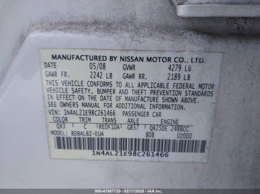 2008 NISSAN ALTIMA VIN: 1N4AL21E98C261466