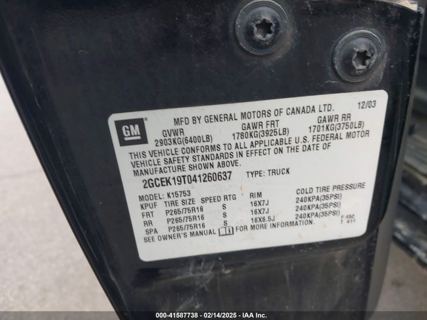 2004 Chevrolet Silverado 1500 Z71 VIN: 2GCEK19T041260637 Lot: 41587738