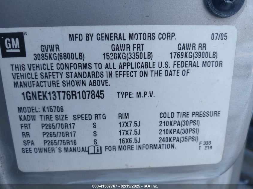2006 Chevrolet Tahoe Z71 VIN: 1GNEK13T76R107845 Lot: 41587767