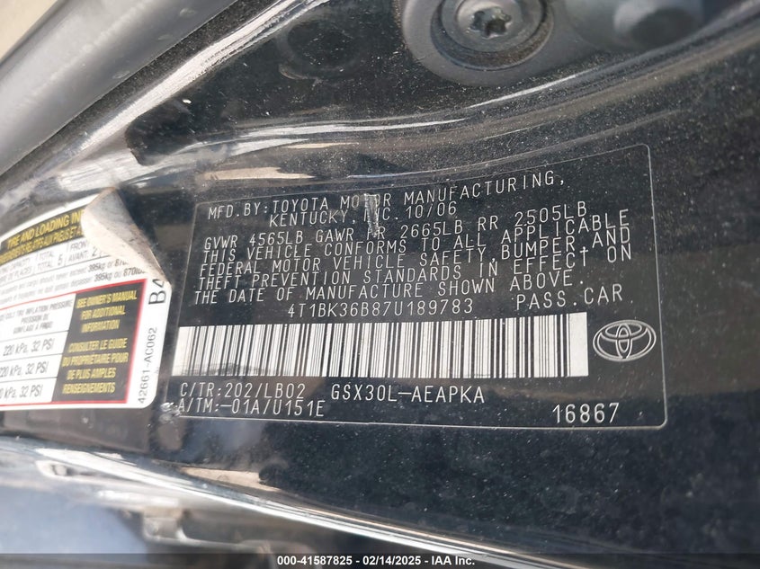 2007 TOYOTA AVALON VIN: 4T1BK36B87U189783