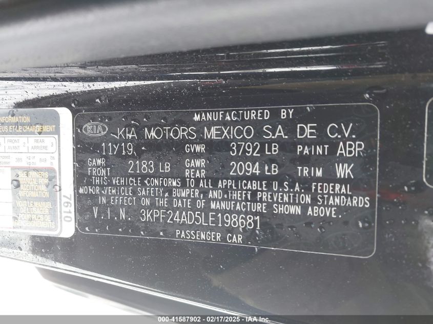 2020 Kia Forte Lxs VIN: 3KPF24AD5LE198681 Lot: 41587902