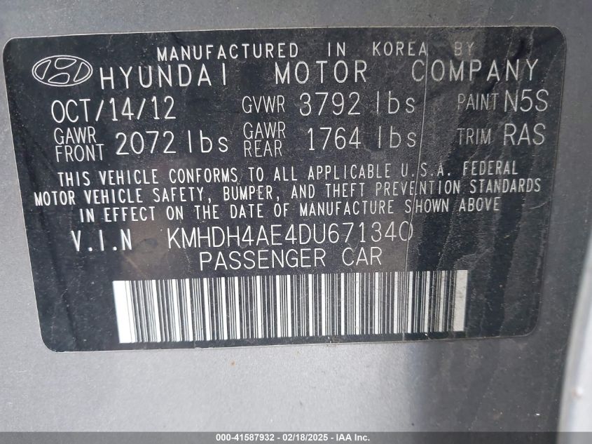 2013 Hyundai Elantra Limited VIN: KMHDH4AE4DU671340 Lot: 41587932
