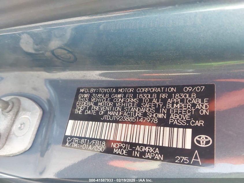 2008 Toyota Yaris VIN: JTDJT923885147978 Lot: 41587933