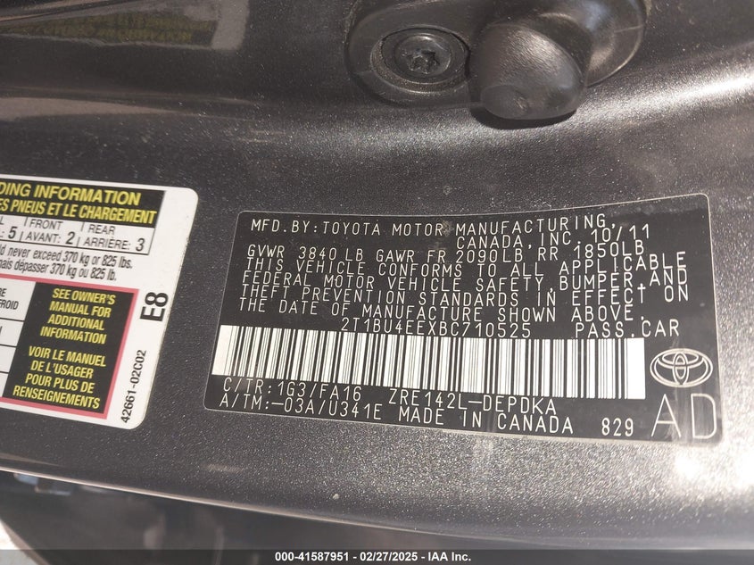 2011 TOYOTA COROLLA VIN: 2T1BU4EEXBC710525