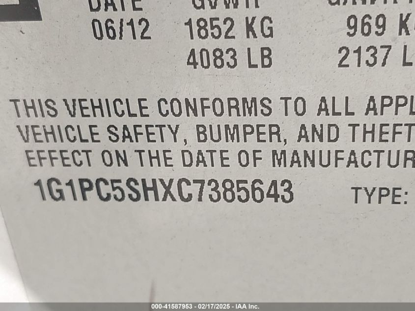 2012 Chevrolet Cruze VIN: 1G1PC5FHXC7385643 Lot: 41587953