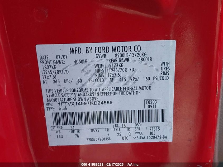 1989 Ford F-150 VIN: 1FTVX1459KD24589 Lot: 41588233