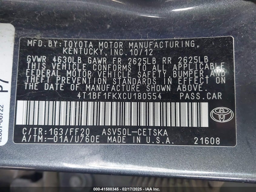 2012 TOYOTA CAMRY VIN: 4T1BF1FKXCU180554