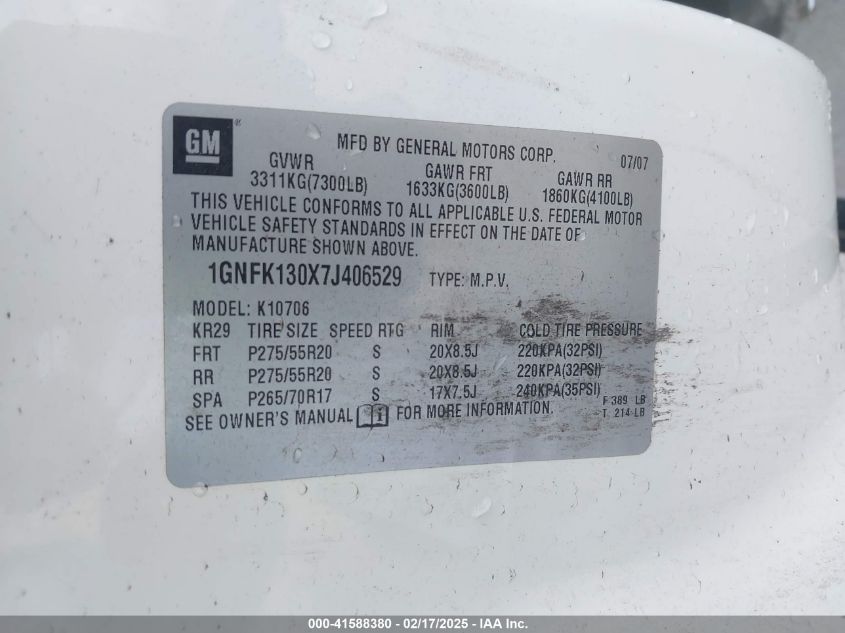 2007 Chevrolet Tahoe Ltz VIN: 1GNFK130X7J406529 Lot: 41588380