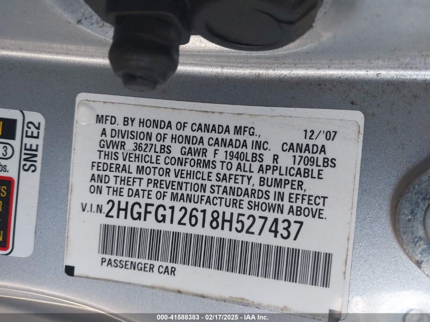 2008 Honda Civic Lx VIN: 2HGFG12618H527437 Lot: 41588383
