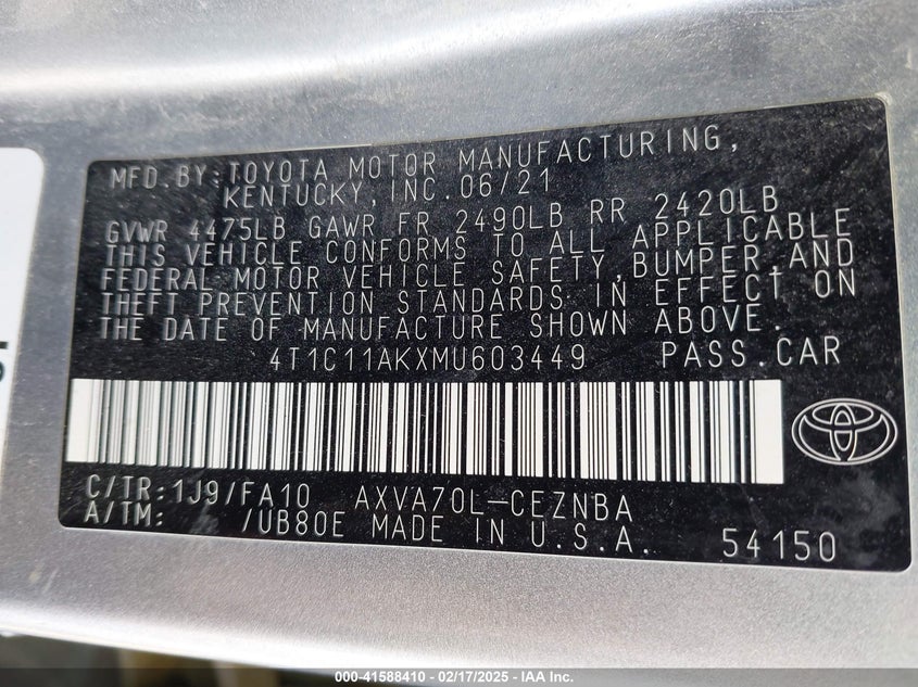 2021 TOYOTA CAMRY VIN: 4T1C11AKXMU603449