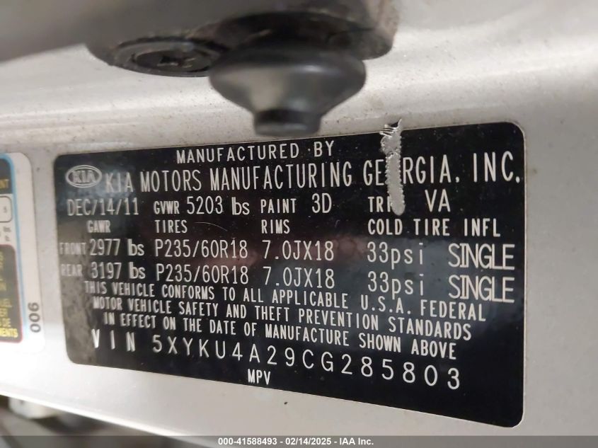 2012 Kia Sorento Ex V6 VIN: 5XYKU4A29CG285803 Lot: 41588493