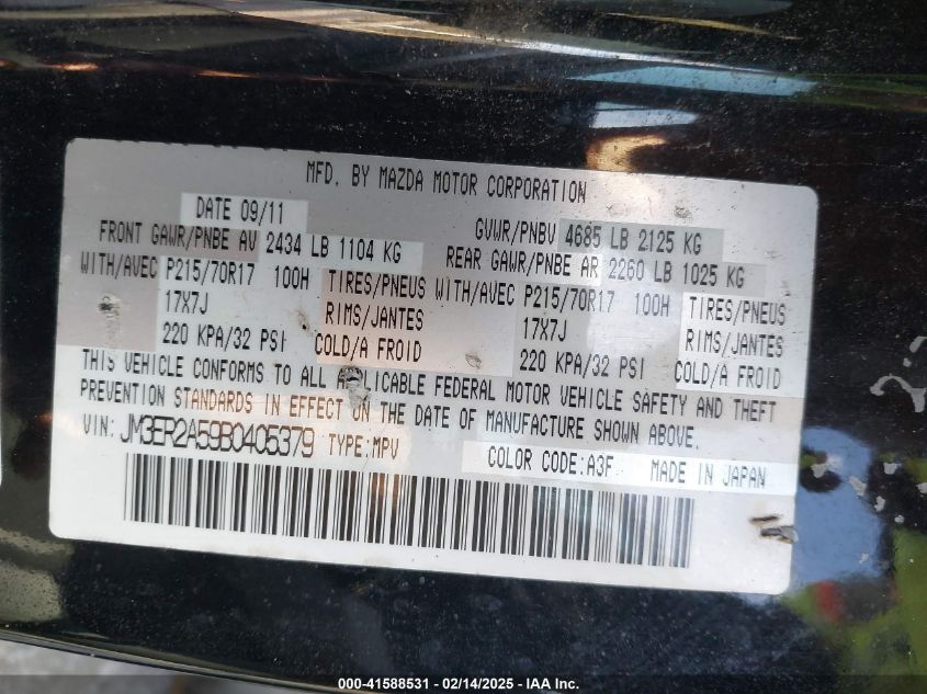 2011 Mazda Cx-7 I Sv VIN: JM3ER2A59B0405379 Lot: 41588531