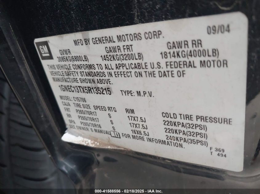 2005 Chevrolet Tahoe Lt VIN: 1GNEC13TX5R135215 Lot: 41588556