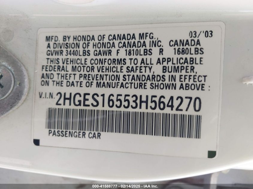 2003 Honda Civic Lx VIN: 2HGES16553H564270 Lot: 41588777
