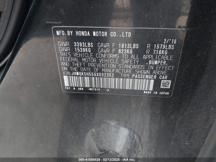 2016 Honda Fit Lx VIN: JHMGK5H55GX032352 Lot: 41588928