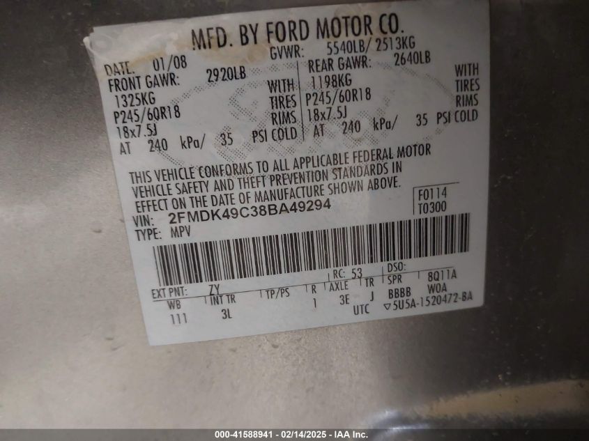 2008 Ford Edge Limited VIN: 2FMDK49C38BA49294 Lot: 41588941