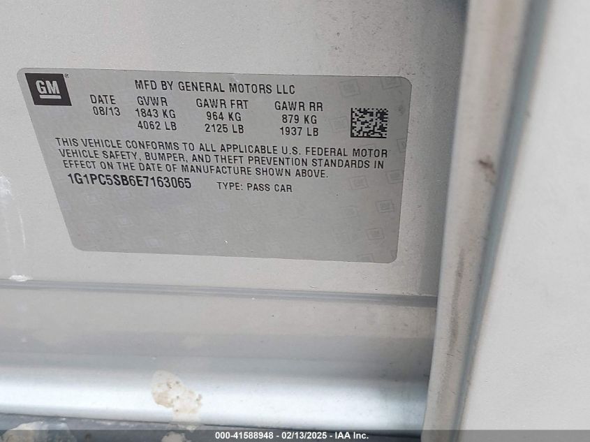 2014 Chevrolet Cruze 1Lt Auto VIN: 1G1PC5SB6E7163065 Lot: 41588948