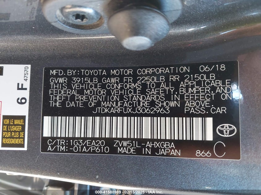 2018 TOYOTA PRIUS VIN: JTDKARFUXJ3062963