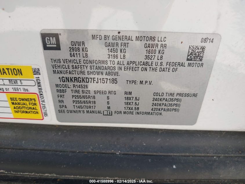 2015 Chevrolet Traverse 1Lt VIN: 1GNKRGKD7FJ157185 Lot: 41588996