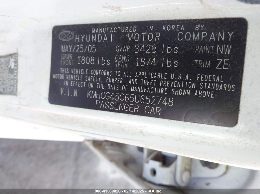 2005 Hyundai Accent Gls VIN: KMHCG45C65U652748 Lot: 41589026
