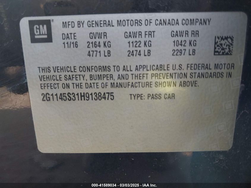 2016 Chevrolet Impala Ls VIN: 2G1145S31H9138475 Lot: 41589034