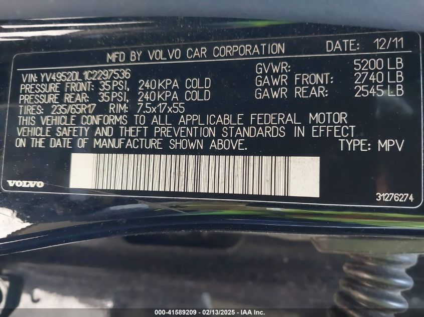 2012 Volvo Xc60 3.2/3.2 Platinum/3.2 Premier/3.2 Premier Plus VIN: YV4952DL1C2297536 Lot: 41589209