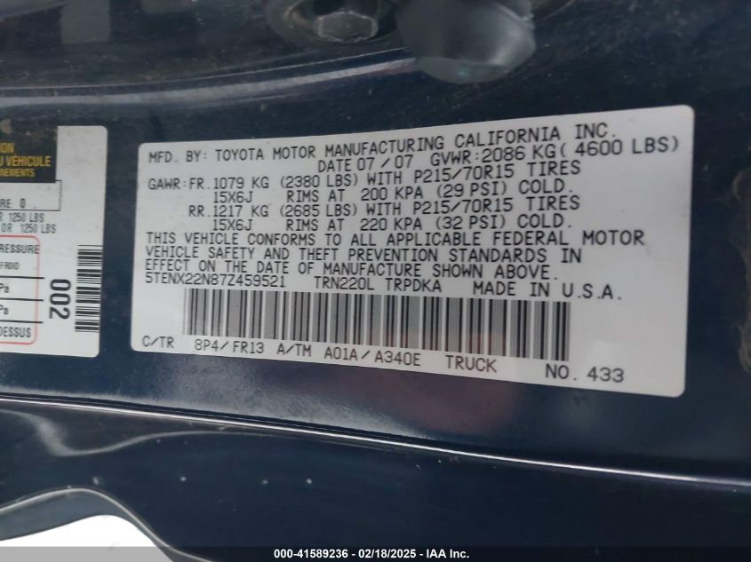 2007 Toyota Tacoma VIN: 5TENX22N87Z459521 Lot: 41589236