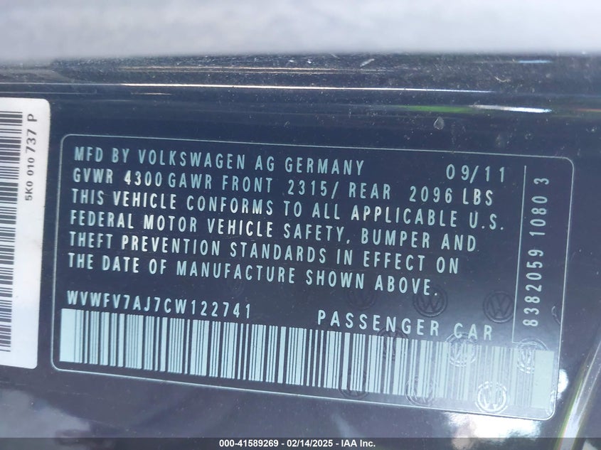 2012 VOLKSWAGEN GTI VIN: WVWFV7AJ7CW122741