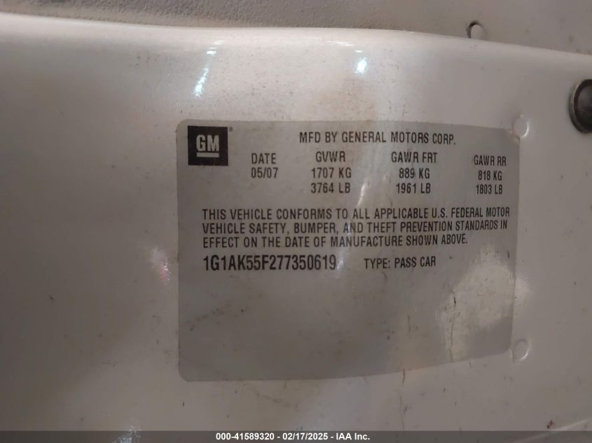 2007 Chevrolet Cobalt Ls VIN: 1G1AK55F277350619 Lot: 41589320