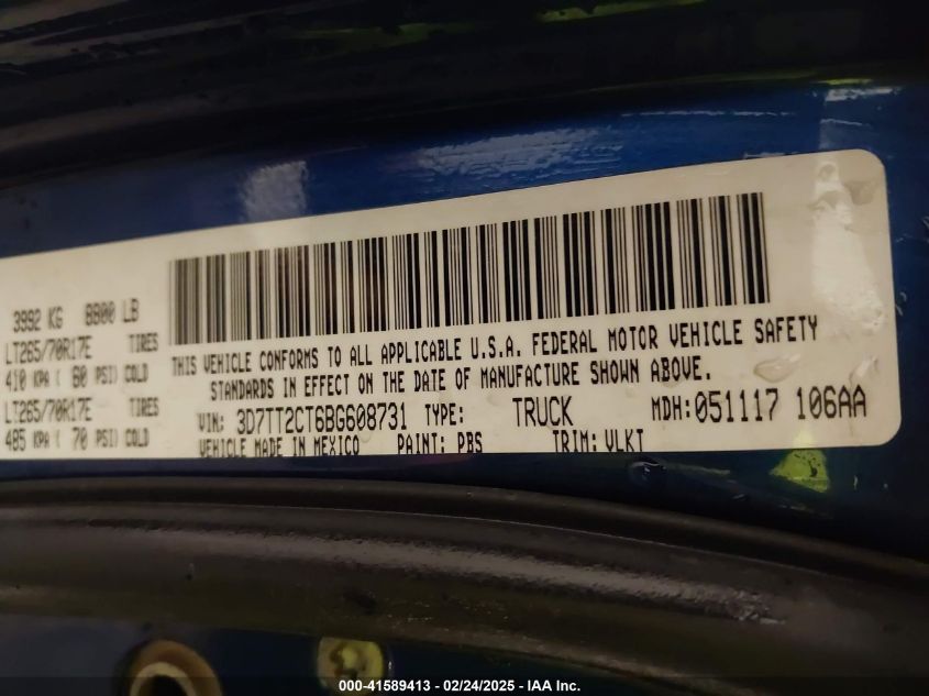 2011 Ram Ram 2500 Laramie VIN: 3D7TT2CT6BG608731 Lot: 41589413