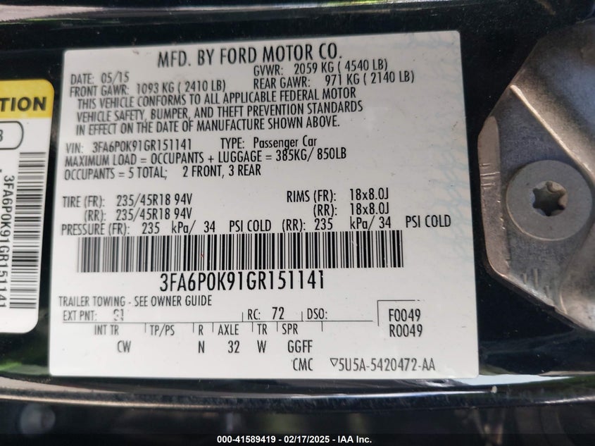 2016 FORD FUSION VIN: 3FA6P0K91GR151141