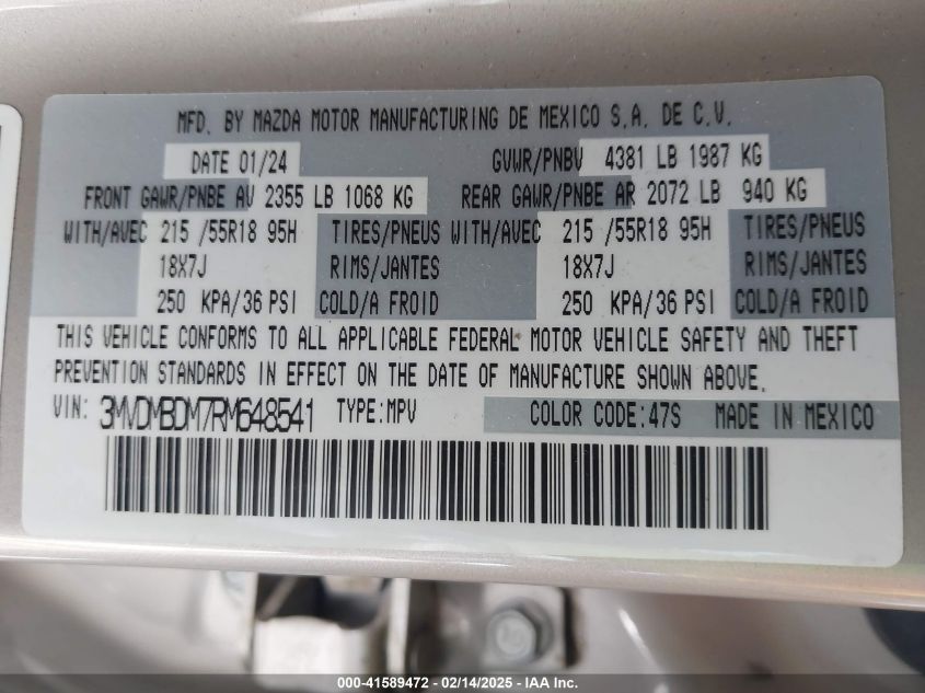 2024 Mazda Cx-30 2.5 S Premium Package VIN: 3MVDMBDM7RM648541 Lot: 41589472