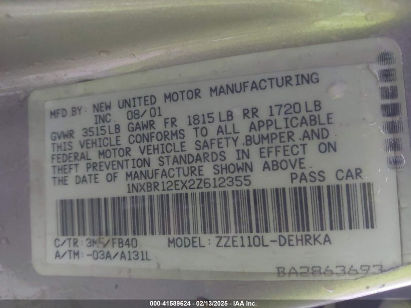 2002 Toyota Corolla Ce VIN: 1NXBR12EX2Z612355 Lot: 41589624