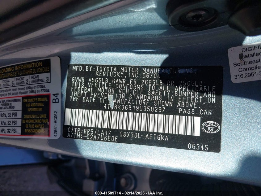 2009 TOYOTA AVALON VIN: 4T1BK36B19U350297