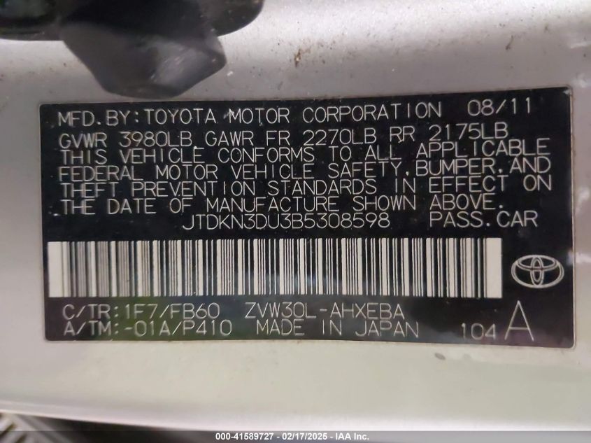 2011 Toyota Prius Two VIN: JTDKN3DU3B5308598 Lot: 41589727