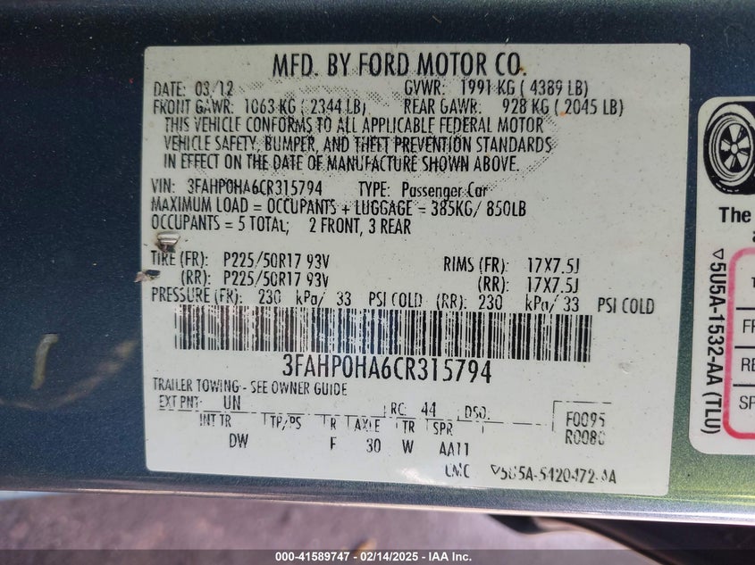 2012 FORD FUSION VIN: 3FAHP0HA6CR315794