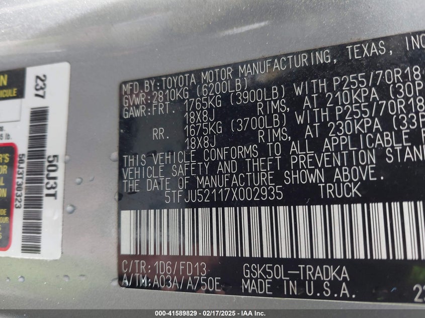 2007 TOYOTA TUNDRA VIN: 5TFJU52117X002935