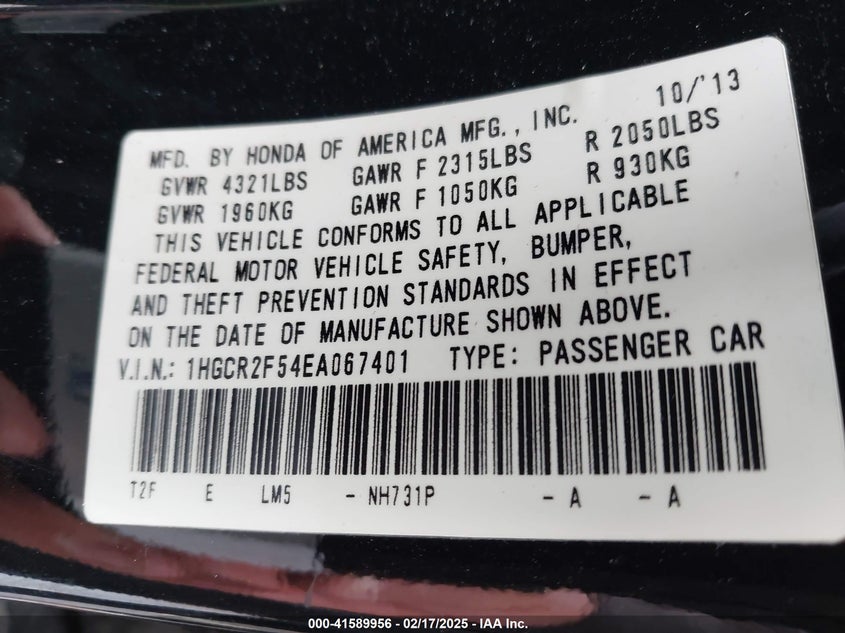 2014 HONDA ACCORD VIN: 1HGCR2F54EA067401