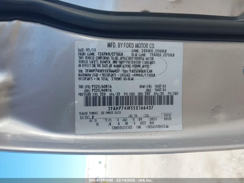 2005 Ford Crown Victoria VIN: 2FAHP74W55X166437 Lot: 41590095