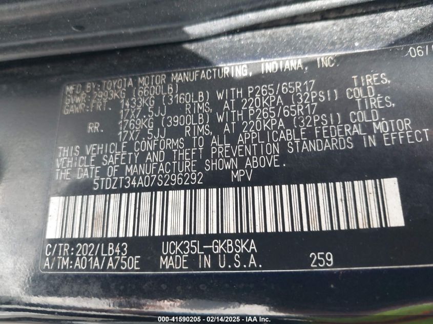 2007 Toyota Sequoia Sr5 V8 VIN: 5TDZT34A07S296292 Lot: 41590205