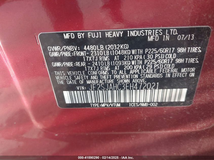 2014 Subaru Forester 2.5I Limited VIN: JF2SJAHC3EH472021 Lot: 41590290