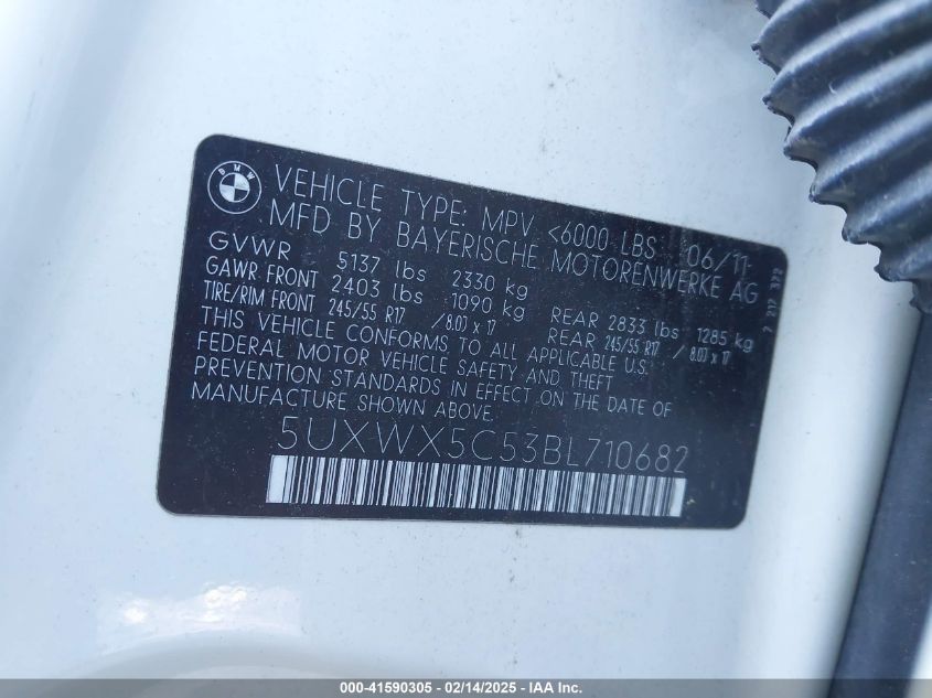 2011 BMW X3 xDrive28I VIN: 5UXWX5C53BL710682 Lot: 41590305