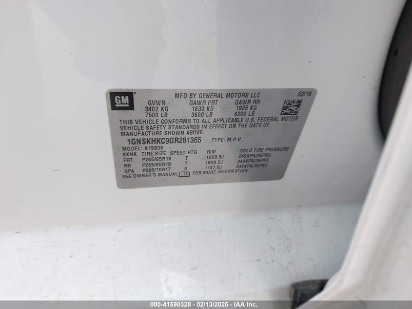 2016 CHEVROLET SUBURBAN LT - 1GNSKHKC9GR281365